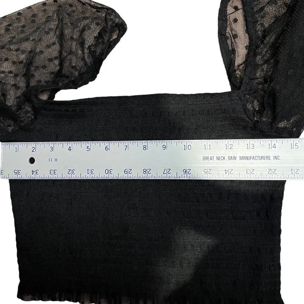 NEW Free People Top Large Black Crop Long Sleeve Polka Dot Mesh Romantic Square‎